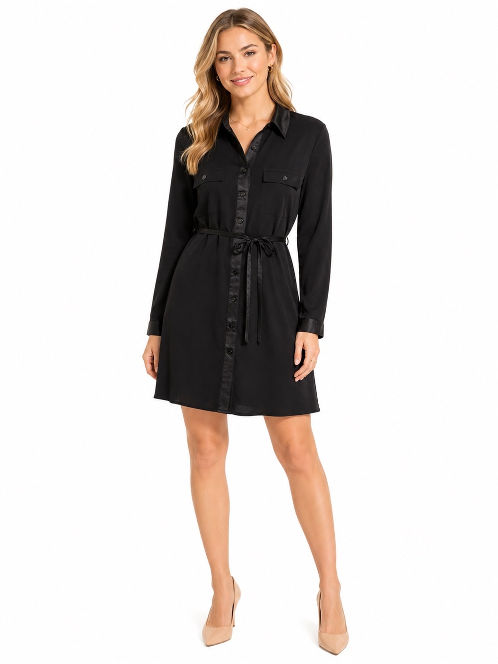 White House Black Market Black Long-Sleeve Shirt Dress with Tie Waist